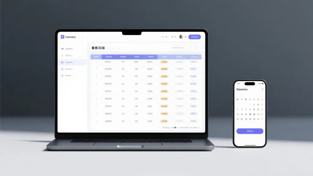笔记本电脑上的表格与手机日历界面并列，突出赛程下载与提醒的流程